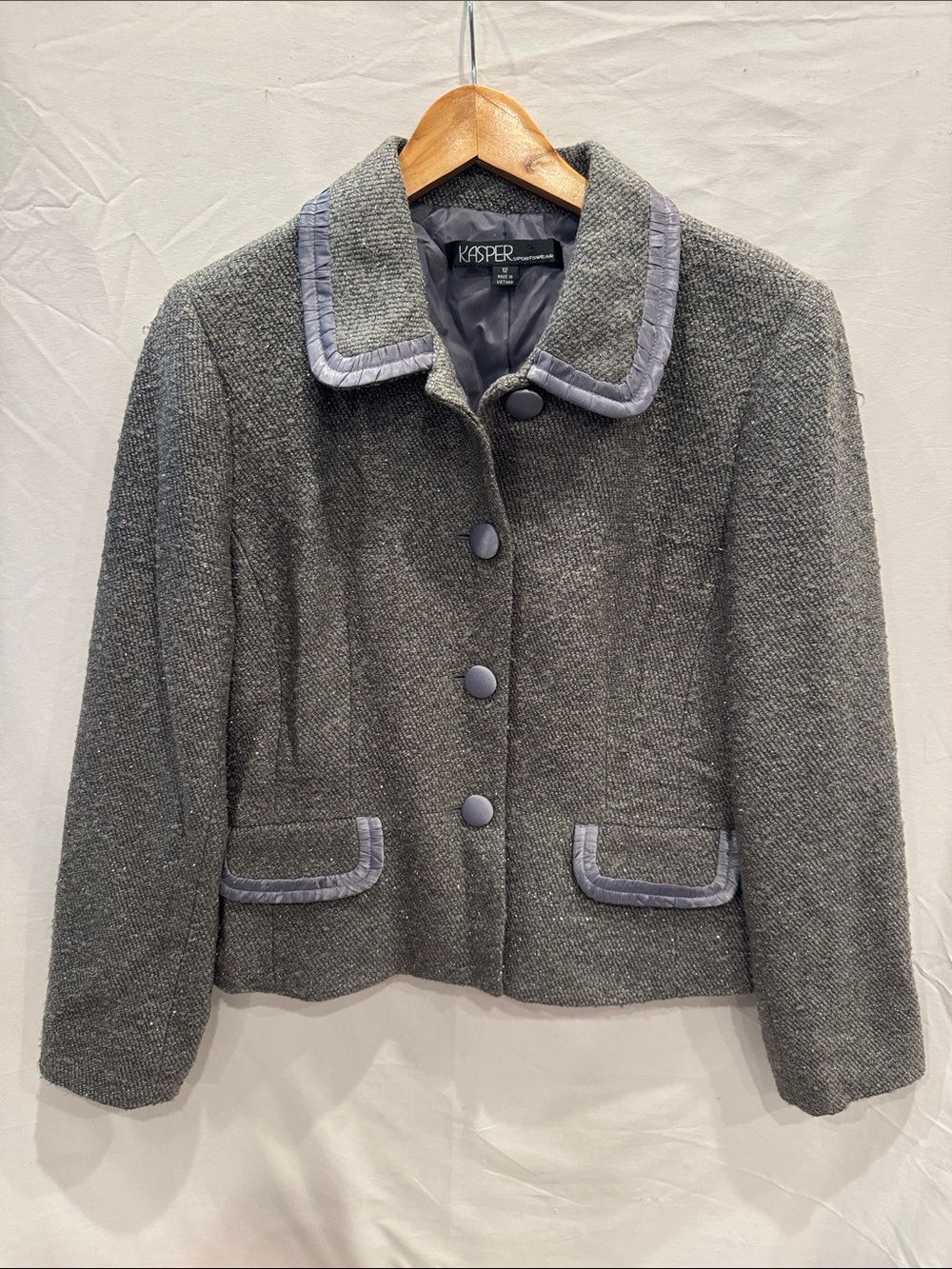 Kasper Gray Textured Metallic Tweed Wool-Blend Jacket Blazer with Contrast Trim